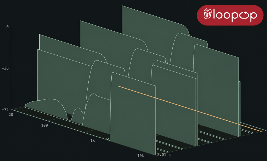 Waterfall frequency display in Loopop’s Convolution Playground, with the red Loopop logo.
